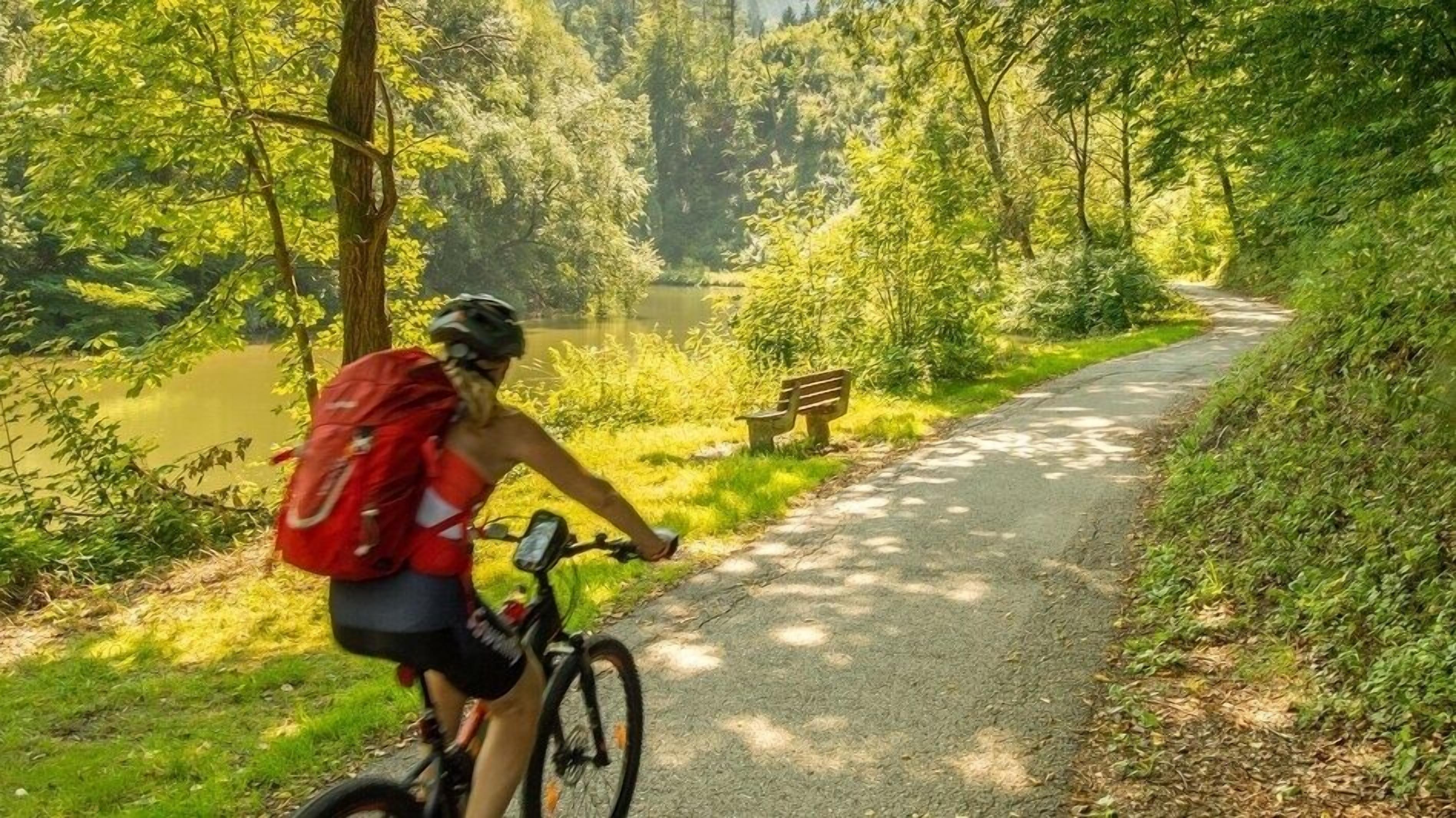 A cyclist on a paved path with a lake and greenery on one side.
