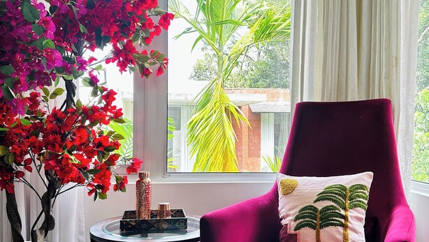 A room with a large potted plant, a round table, a chair with a cushion, and a view through a window. - Casa Calma by evaddo stays (Siolim)