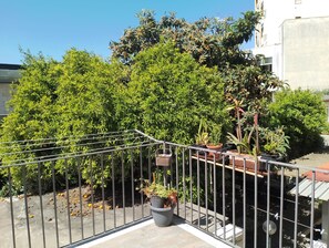 A balcony with a metal railing, potted plants, and a view of dense green foliage.