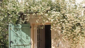 A building with a green gate, a balcony with a metal railing, and a white wall. - Large Art Nouveau house between sea and garrigue, charm and leisure in the heart of the South of France (Gabian)