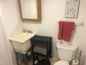 Een douche, een haardroger, handdoeken, zeep