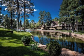 A resort with a pond, surrounded by trees and a building with multiple levels. - Innsbrook Vacation Townhome 31 (Ruidoso)