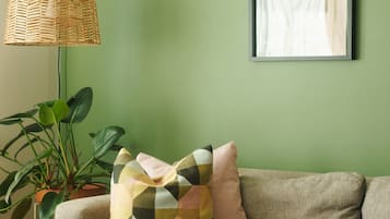 Een smart-tv, een open haard en boeken