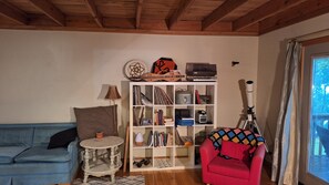 Foosball, table tennis, books, music library