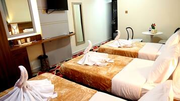 A hotel room with two beds, a TV, a small table with a plant, and a mirror.