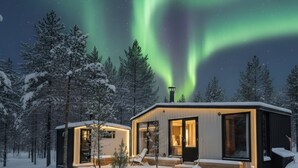 A modern cabin with a large glass door and a chimney, surrounded by snow-covered trees and under a night sky with the Northern Lights. - Riverside Village Ylläs (Kolari)