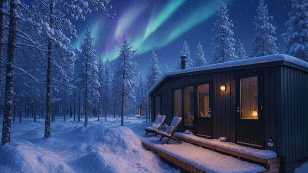 A wooden cabin with a covered porch and two lounge chairs, surrounded by snow-covered trees and a night sky with the aurora borealis. - Riverside Village Ylläs (Kolari)
