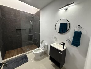 Shower, towels, soap, toilet paper