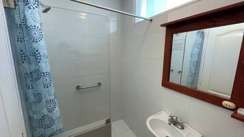 Shower, towels, soap, toilet paper