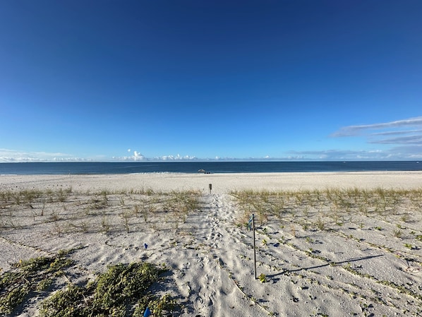 En strand med klart himmel, en sandsti der fører ned til vandet, og fjerne bjerge i horisonten.