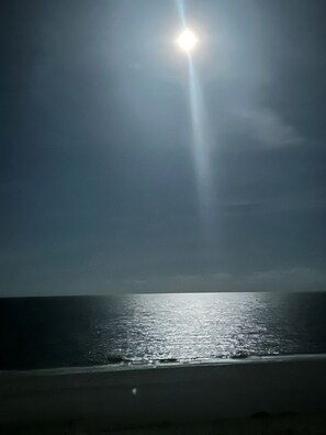 Eine Strandansicht mit hellem Mond am Himmel, ruhiger See und sandigem Ufer.