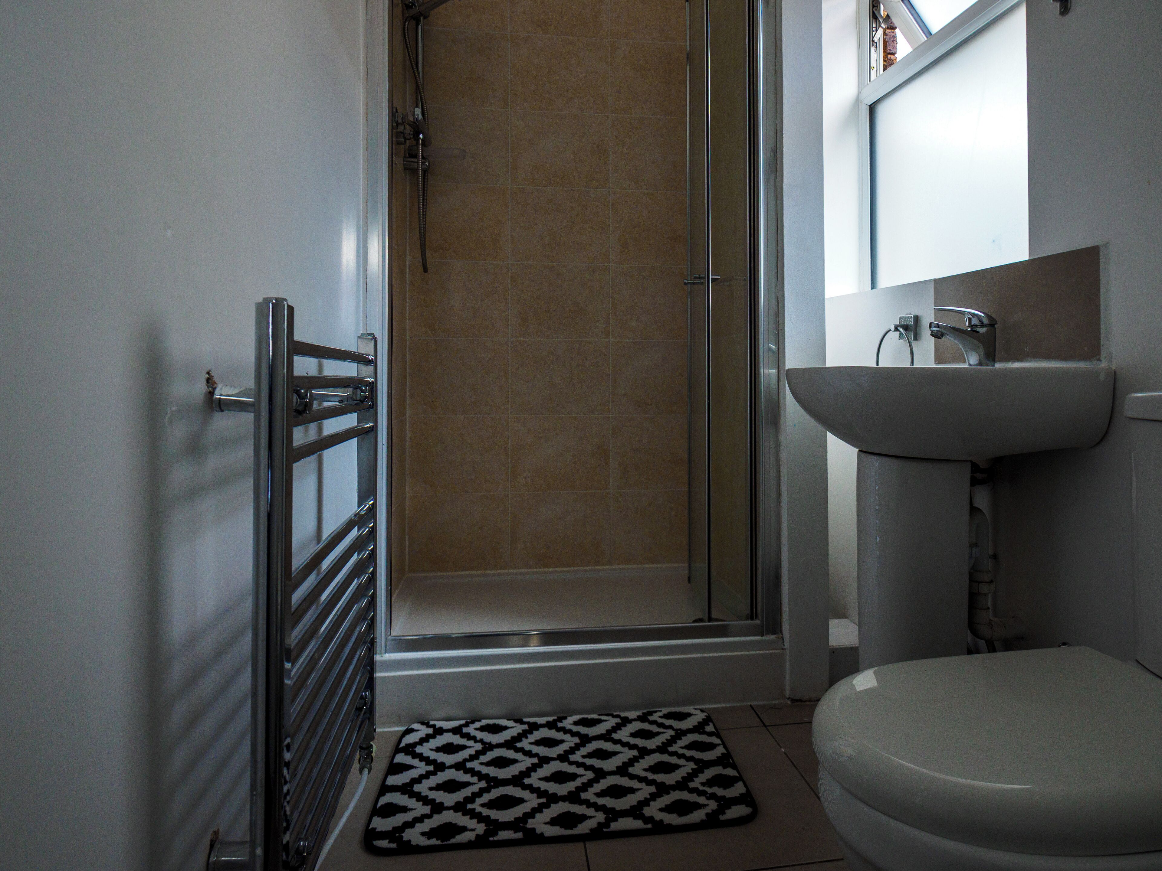 A bathroom with a shower, toilet, sink, and a patterned rug.