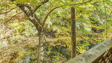 A wooden bridge over a river with surrounding trees and foliage.