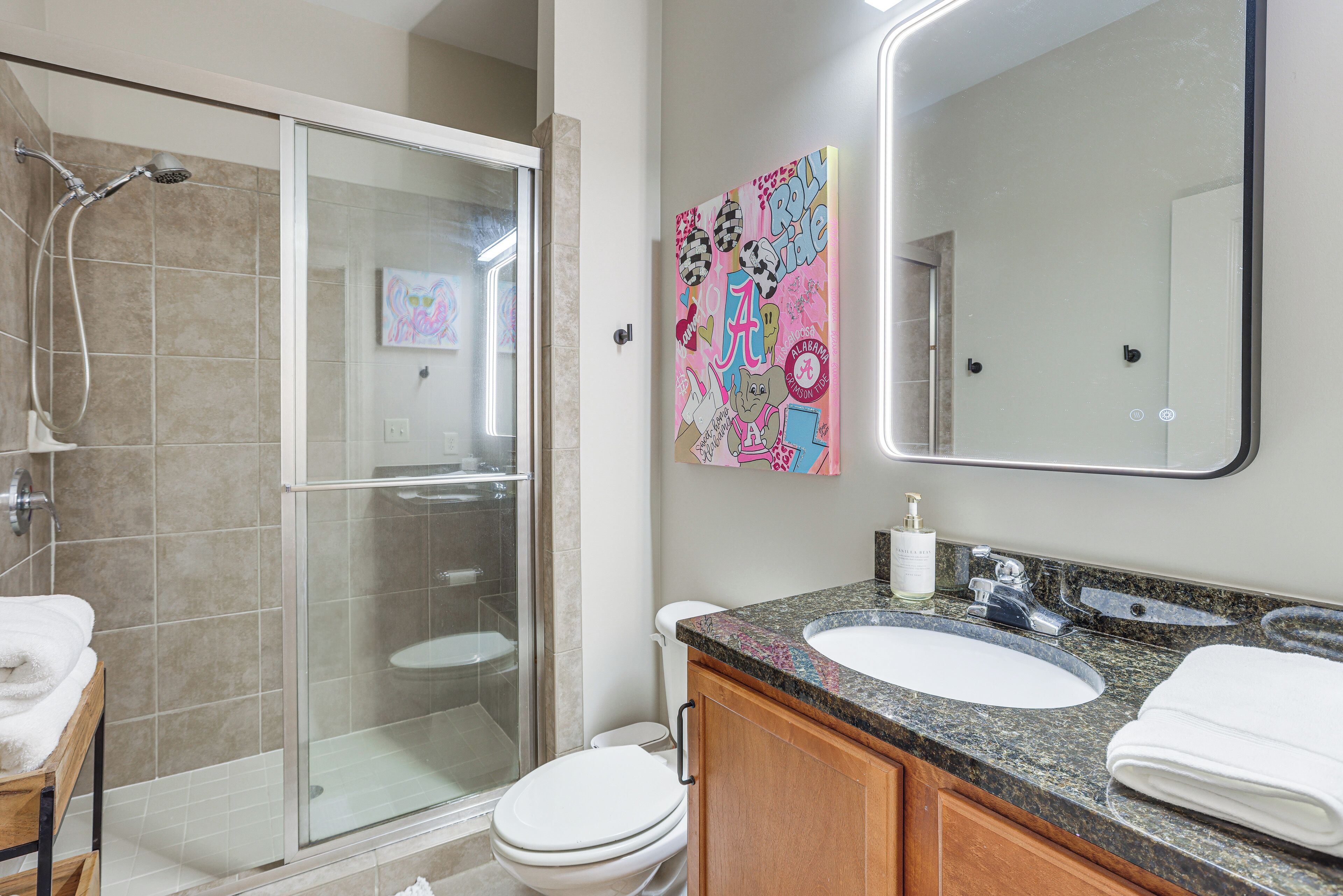 Une salle de bain avec une douche à parois de verre, des toilettes, un lavabo avec un meuble-vasque et un miroir.