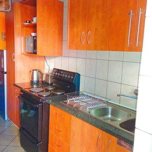 Een microgolfoven, een oven, een kookplaat, een vaatwasser