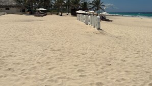 Una playa con una cabaña de techo de paja, palmeras y una fila de sombrillas.