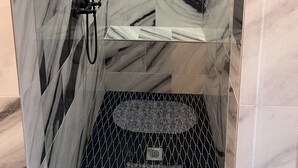 A modern shower with a rain showerhead, a handheld showerhead, and a handheld shower attachment. There is a small shelf with a bottle of shampoo and a potted plant. - Charming studio in beautiful Palm Harbor with A/C, Swimming Pool and Patio (Palm Harbor)