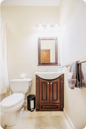 Hair dryer, towels, soap, toilet paper