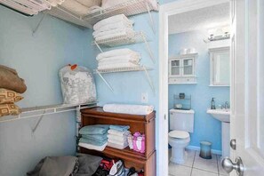 Hair dryer, towels, soap, shampoo
