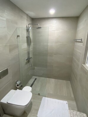 Secadora de cabello, toallas, jabón, papel de baño 