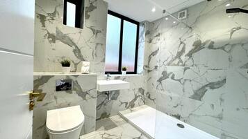 Hair dryer, towels, soap, toilet paper