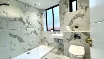 Shower, hair dryer, shampoo