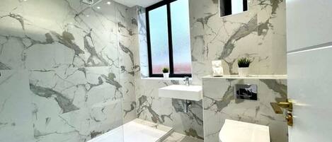 Douche, séchoir à cheveux, shampooing