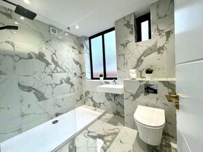 Shower, hair dryer, shampoo