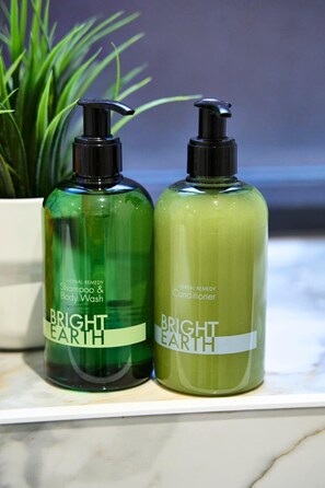 Shower, hair dryer, shampoo