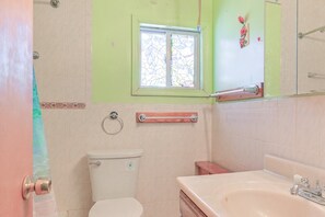 Hair dryer, towels, soap, toilet paper