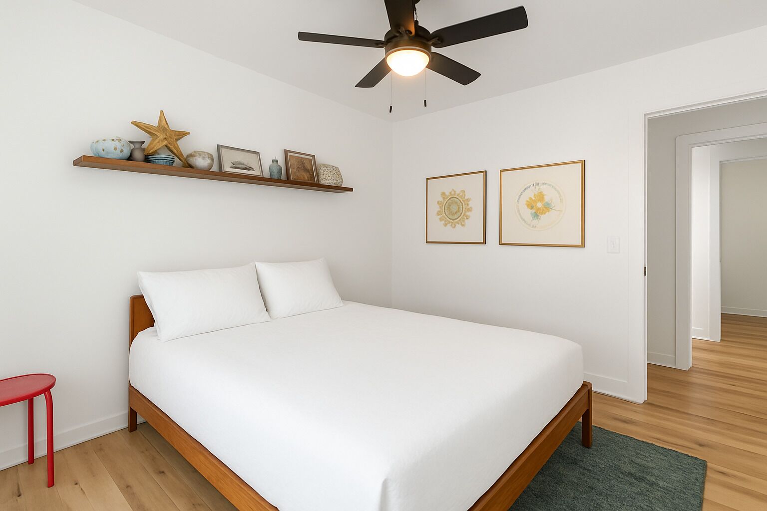 Un dormitorio con una cama, un ventilador de techo, una estantería con adornos y dos cuadros en la pared.