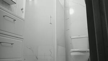 Douche, sèche-cheveux, serviettes fournies, savon