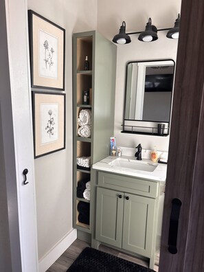 A bathroom with a white sink, green cabinets, a mirror, and framed botanical prints on the wall.