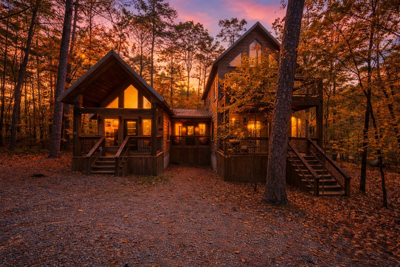 A cabin with a wooden exterior, multiple windows, and a staircase leading to the entrance.