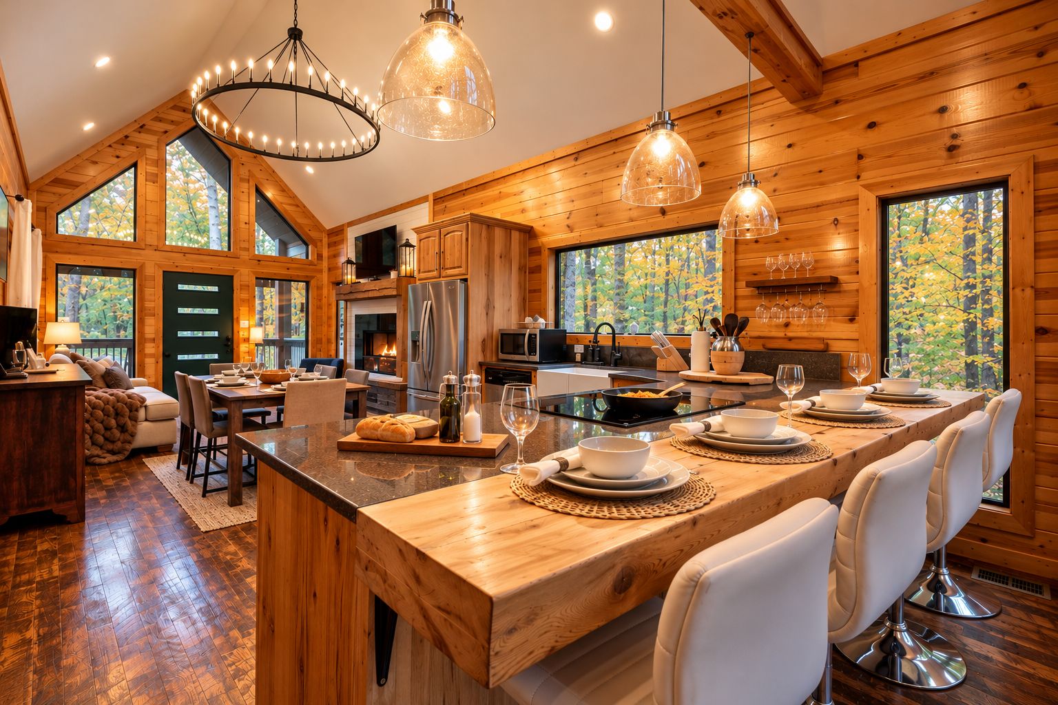 A spacious kitchen with a large island, wooden cabinetry, and a dining area with white chairs.