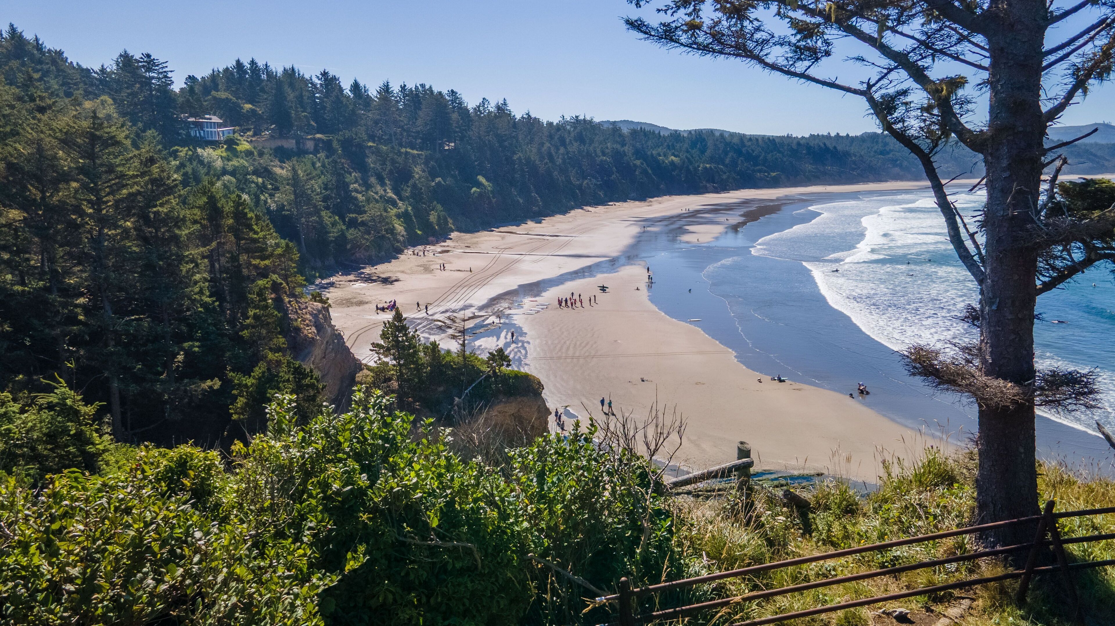 An elevated view of a wide sandy beach bordered by forested hills and the ocean.