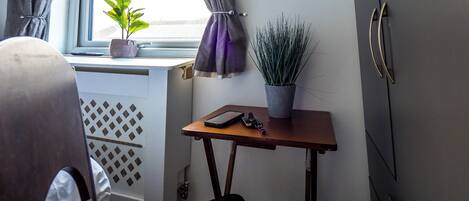 Habitación pequeña con ventana, una mesa baja con planta en maceta, una silla y un armario.