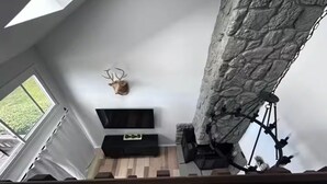 A room with a stone wall, a mounted deer head, a black TV stand, and a window with a view of greenery.