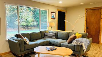 Smart TV, chimenea, reproductor de DVD y libros