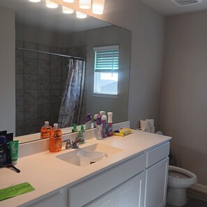 Hair dryer, towels, toilet paper - A living room king or queen bed and  a bath with AC in vibrant katy. (Houston)