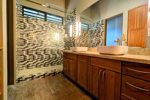 Hair dryer, towels, soap, shampoo