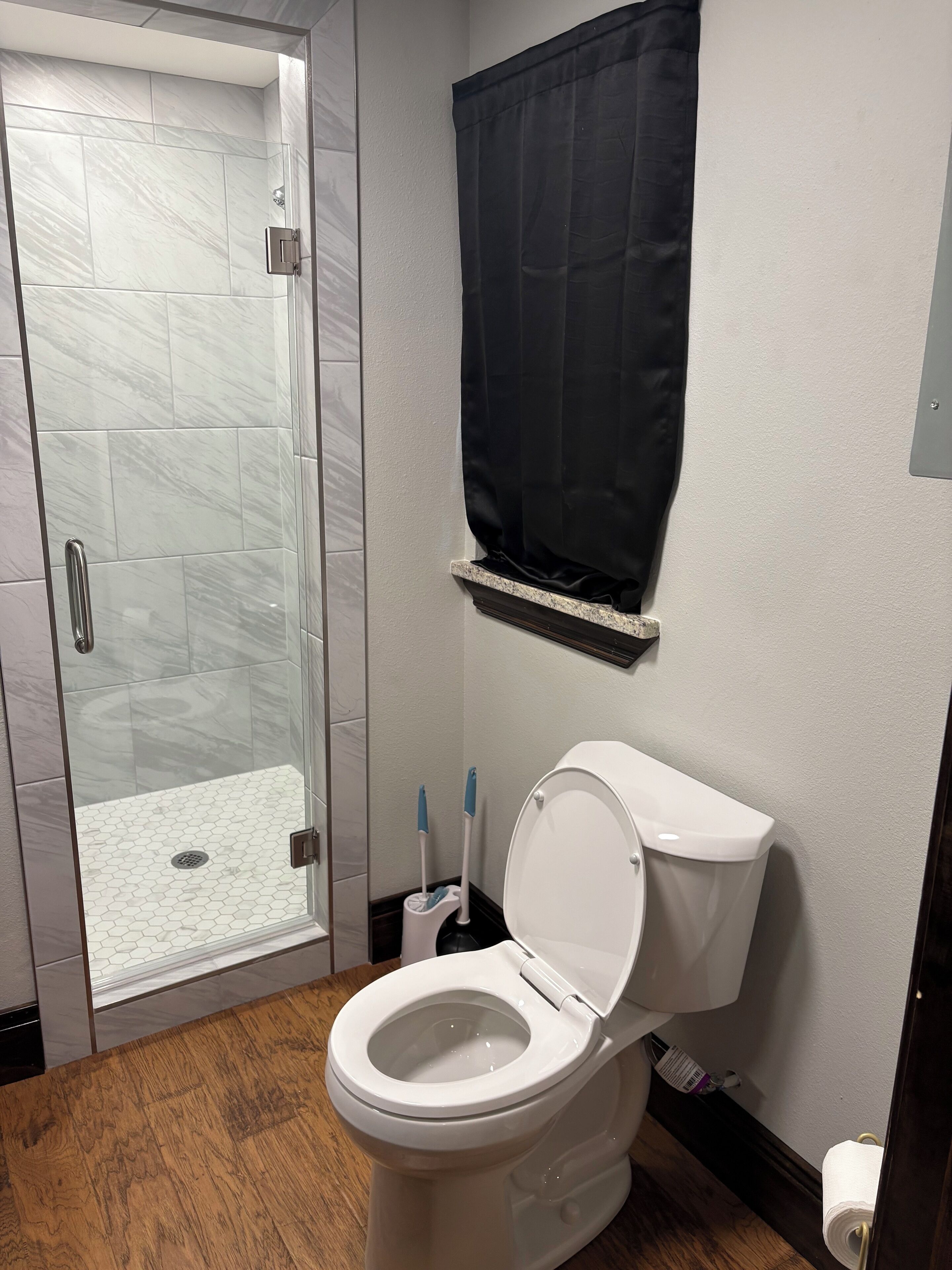 Shower, towels, toilet paper