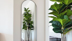 Een hal met houten vloer, een grote spiegel en twee potplanten.