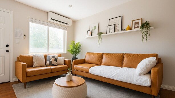 Een woonkamer met twee leren banken, een ronde salontafel en een groot raam.