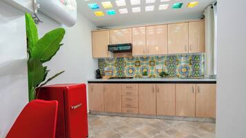 Fridge, stovetop, dishwasher, coffee/tea maker