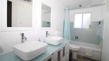 Hair dryer, towels, toilet paper