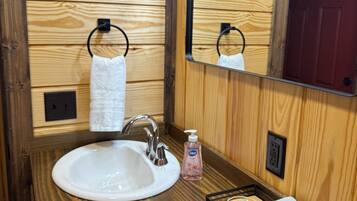 Hair dryer, towels, soap, toilet paper