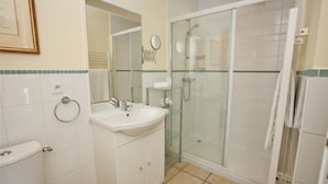 Une salle de bain équipée d’un lavabo, d’un miroir, de toilettes et d’une douche à parois en verre.