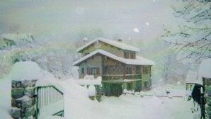 Una casa de dos pisos con techo nevado y una cerca de piedra al frente.