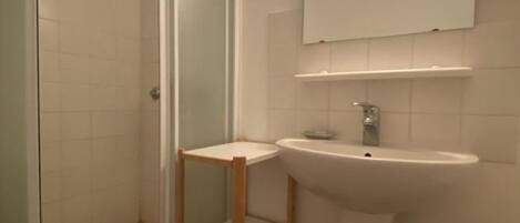 A bathroom with a shower, sink, and mirror.